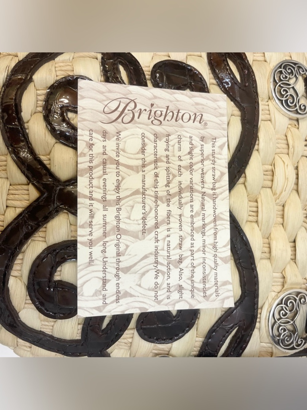 Brighton “Lyric “ Woven Straw Tote with Dark Brown Leather Trim and Heart Charm - Picture 10 of 13